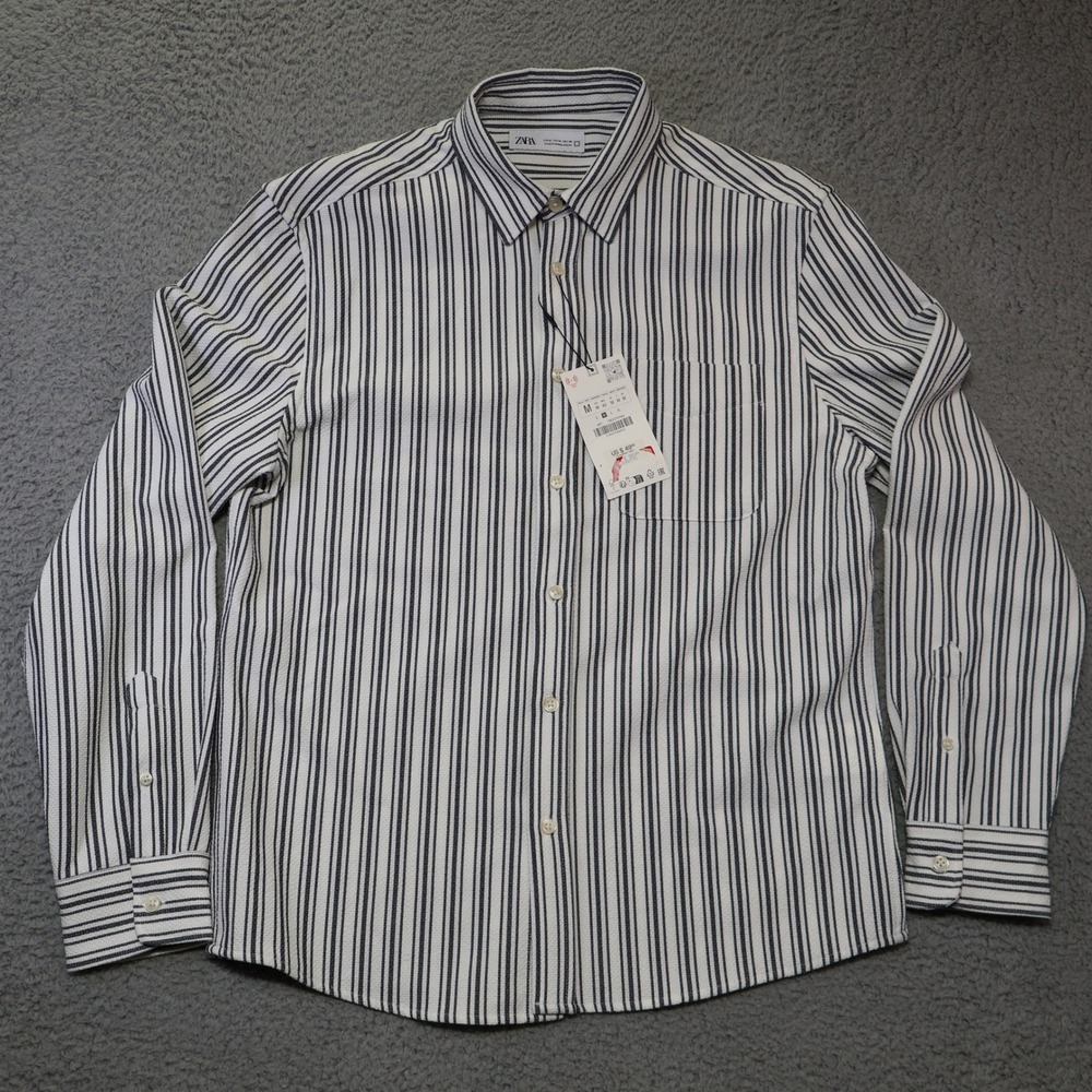 Zara Mens Striped Seersucker Button Down Shirt Navy White M 1063/370/064